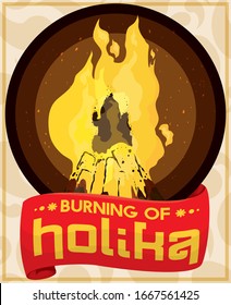 Round button with burning Holika effigy in the pyre and greeting ribbon reminding at you to commemorate the Holika Dahan and the upcoming Holi, Festival of Colors.