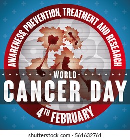 Round button with carcinogenic cells view for World Cancer Day, emphasizing the importance in research, prevention and treatment of this disease.