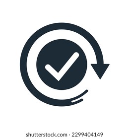 Round button with check mark and arrow movement. The concept is fast, easy, convenient.  Vector linear icon isolated on white background. 