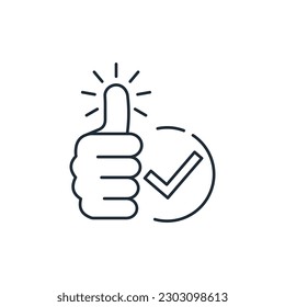 Round button with a check mark and a fist with a thumbs up. A simple, reliable solution. It's easy.Vector linear icon isolated on white background.