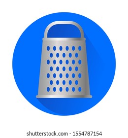 Round button with cheese grater.  Manual appliance for cutting, grinding or preparation meal. Kitchen equipment for website interface or banner. Cookware vector illustration