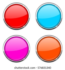 Round button with chrome frame. Colored collection. Vector 3d illustration isolated on white background