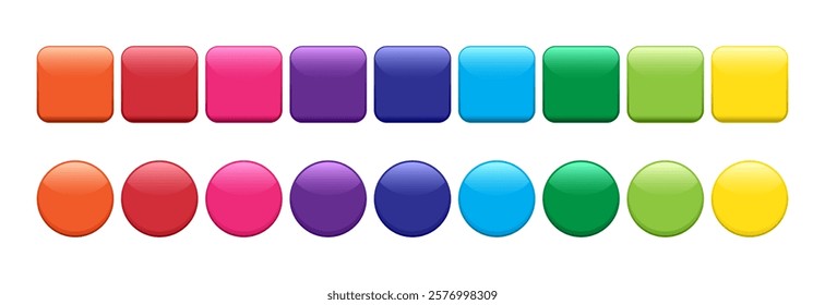 Round button circle and square shape, glossy colorful badge, shiny rainbow 3d push pin isolated on white background. Color gradient sticker set. Rainbow vector illustration