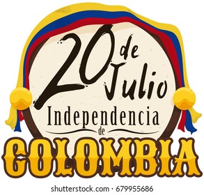 Round button with Colombian tricolor flag in the top and handwritten reminder date inside it for Independence Day of Colombia (written in Spanish) in July 20.