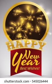 Round button with commemorative fireworks display for New Year celebration decorated with a red ribbon with golden greeting message.