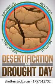 
Round button with cracked earth and dry branch coming from it with leaf depicting results of sustainability, awareness, responsibility and prevention in the Desertification and Drought Day.