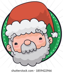 Round button with cute Santa Claus face, smiling at you during Christmas season.