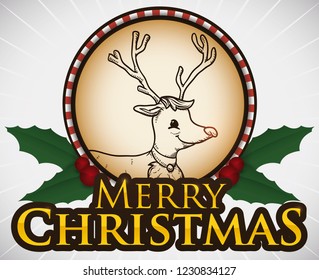 Round button with cute, smiling reindeer in hand drawn style and traditional holly leaves as decorative element.