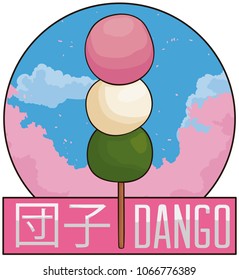 Round button with a dango (written in Japanese calligraphy) sweet over a round label with scenic view of bloomed cherry trees and sky with clouds for Hanami Festival.