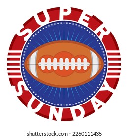Botón redondo decorado con colores norteamericanos, estrellas y rayas y balón de fútbol de gridiron de estilo plano, promocionando el Super Domingo.