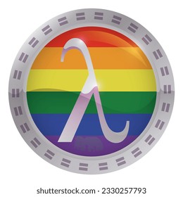 Botón redondo decorado con símbolos de igualdad, la bandera arcoíris y el símbolo lambda para los derechos LGBTIQ.