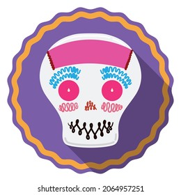 Round button with delicious sugar skull, decorated for Mexican Day of the Dead. Design in flat style and long shadow.