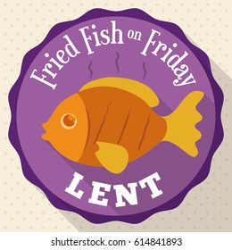 Round Button with delicious traditional fried fish for Lent celebration in flat style and long shadow effect.