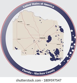 Round button with detailed map of Alachua County in Florida, USA.