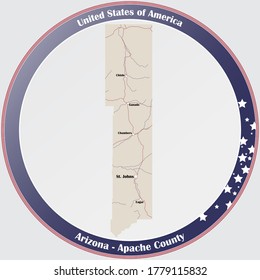 Round Button With Detailed Map Of Apache County In Arizona, USA.