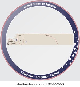 Round button with detailed map of Arapahoe County in Colorado, USA.