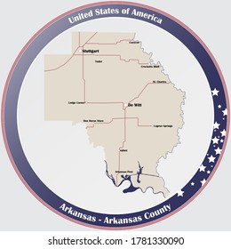 Round button with detailed map of Arkansas County in Arkansas, USA.