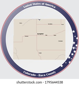 Round button with detailed map of Baca County in Colorado, USA.