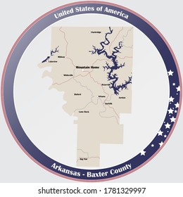 Round button with detailed map of Baxter County in Arkansas, USA.