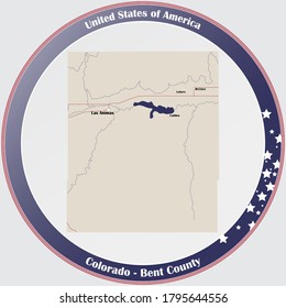 Round button with detailed map of Bent County in Colorado, USA.