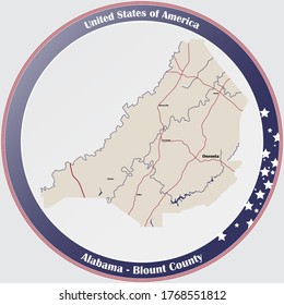 Round button with detailed map of Blount county in Alabama, USA.
