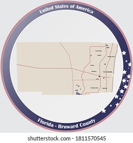 Round button with detailed map of Broward County in Florida, USA.