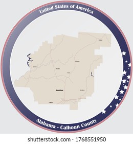 Round button with detailed map of Calhoun county in Alabama, USA.
