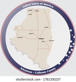 Round button with detailed map of Calhoun County in Arkansas, USA.