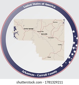 Round button with detailed map of Carroll County in Arkansas, USA.