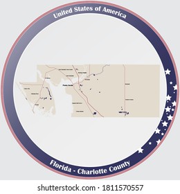 Round button with detailed map of Charlotte County in Florida, USA.
