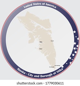 Round button with detailed map of the City and Borough of Sitka in Alaska, USA.