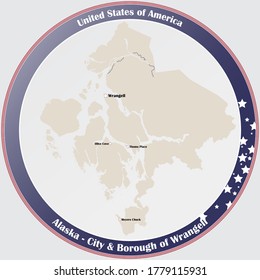 Round button with detailed map of the City and Borough of Wrangell in Alaska, USA.