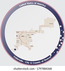 Round button with detailed map of City and County of Denver in Colorado, USA.