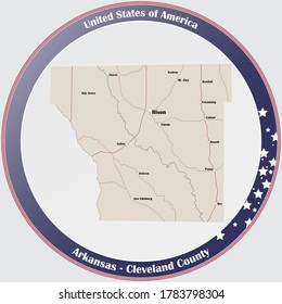 Botón de redondeo con mapa detallado del condado de Cleveland en Arkansas, EE.UU.