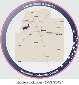 Round button with detailed map of Columbia County in Arkansas, USA.