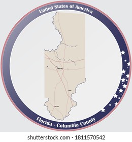 Round button with detailed map of Columbia County in Florida, USA.