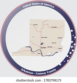 Round Button With Detailed Map Of Conway County In Arkansas, USA.