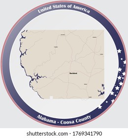 Round button with detailed map of Coosa county in Alabama, USA.
