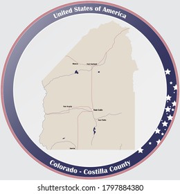 Botón de redondeo con mapa detallado del Condado de Costilla en Colorado, EEUU.