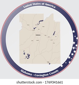 Round button with detailed map of Covington county in Alabama, USA.