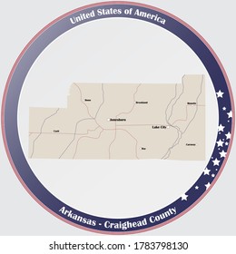 Botón de redondeo con mapa detallado del condado de Craighead en Arkansas, Estados Unidos.