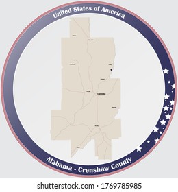 Botón redondo con mapa detallado del condado de Crenshaw en Alabama, EEUU.