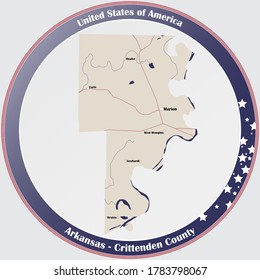 Round button with detailed map of Crittenden County in Arkansas, USA.