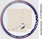 Round button with detailed map of Crowley County in Colorado, USA.