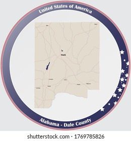 Round button with detailed map of Dale county in Alabama, USA. svg