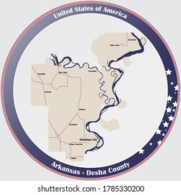 Round button with detailed map of Desha County in Arkansas, USA.