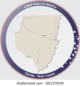 Round button with detailed map of Dixie County in Florida, USA.
