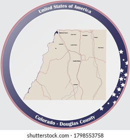 Round Button With Detailed Map Of Douglas County In Colorado, USA.