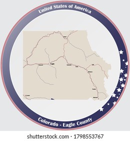 Round button with detailed map of Eagle County in Colorado, USA.