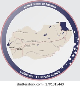 Round button with detailed map of El Dorado County in California, USA.